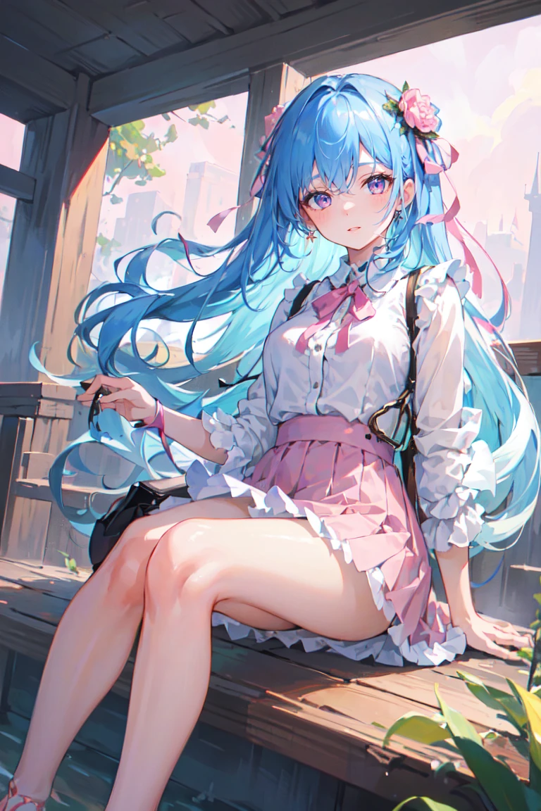 (finely detailed beautiful eyes and detailed face,masterpiece sidelighting,masterpiece,best quality,detailed,high resolution illustration),
(1girl,whole body,bishoujo,lustrous skin,looking down,looking at viewer),
(sky blue hair,pink eyes,short skirt,ribbon,button shirt)