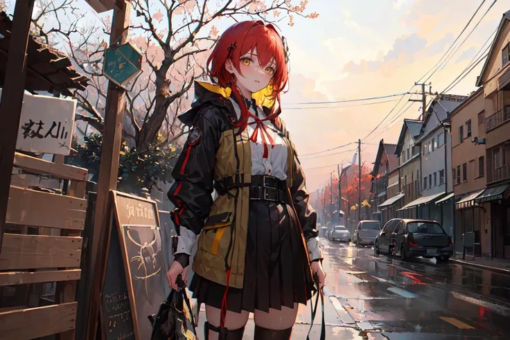 (finely detailed beautiful eyes and detailed face,masterpiece sidelighting,masterpiece,best quality,detailed,high resolution illustration),
(urban techwear, fantasy background, village,tree,woods),
(1girl,whole body,bishoujo,lustrous skin,looking down,looking at viewer),
(red hair,yellow eyes,short skirt,ribbon,button shirt)