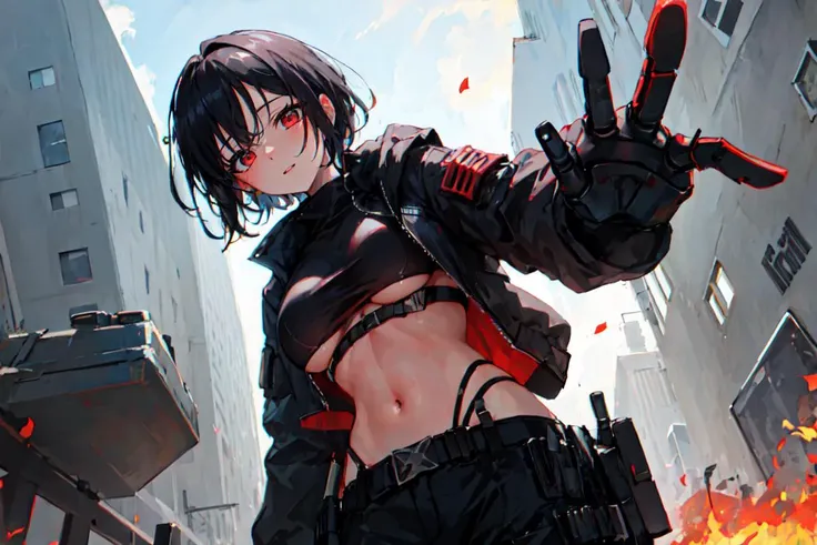 (finely detailed beautiful eyes and detailed face,masterpiece sidelighting,masterpiece,best quality,detailed,high resolution illustration),
(urban techwear, cybernetic background, sunny city,mechanic,robot)
(1girl,whole body,bishoujo,lustrous skin,looking down,looking at viewer),
(rogue,assasin,robe,knife,black hair,short hair,red eyes,pants,underboob), <lora:E_knifeThighStrap_v1:1>