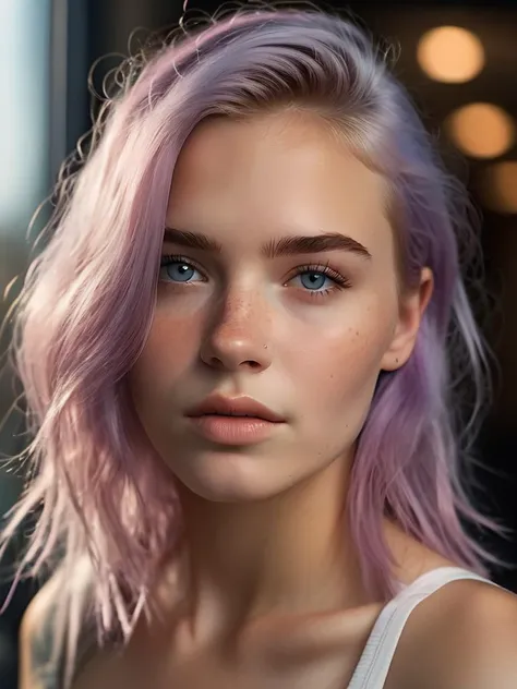 photo of beautiful age 18 girl, pastel hair, freckles sexy, beautiful, close up, young, dslr, 8k, 4k, ultrarealistic, realistic, natural skin, textured skin