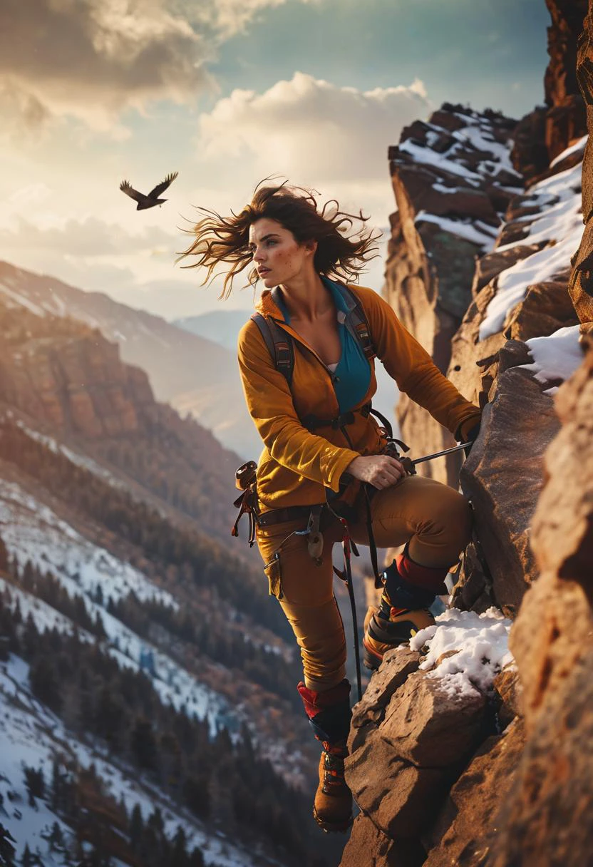 photo of TWbabeXL01, NSFW, (5mm, closeup with afterglow, backlit, cute 20 year old woman in a snow storm mountain climbing on a rock cliff climbing vertical, torn clothes:1.2, eye contact, slight smile, dangling arm hold a pickaxe:1.1), (brilliant pastel colors, dark natural hues:1.4), (pretty bird on a rock, cocking it's head and looking:1.1), (dramatic pose or action pose:1.2), (Artist design by (Guy Aroch:1.3) and (Alessio Albi:1.6)), (disaster scene from a movie), (slightly windy), <lora:TWbabeXL01:0.5>