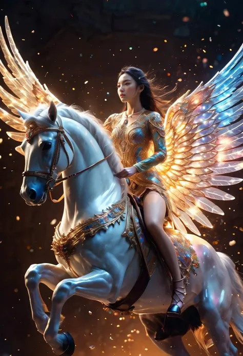 TWbabeXL01, NSFW, a due girl riding on a angelic mythical horse with spreading arms with glowing intricate transparent wings, symmetrical hyperdetailed texture, pearl filigree, concept art, artstation, alice x. zhang, Andreas lie, perfect composition, masterpiece, glittering professional photography, macro, natural lighting, canon lens, shot on dslr 64 megapixels sharp focus ethereal, Hyperrealistic, splash art, concept art, mid shot, intricately detailed, color depth, dramatic, 2/3 face angle, side light, colorful background <lora:TWbabeXL01:0.5>