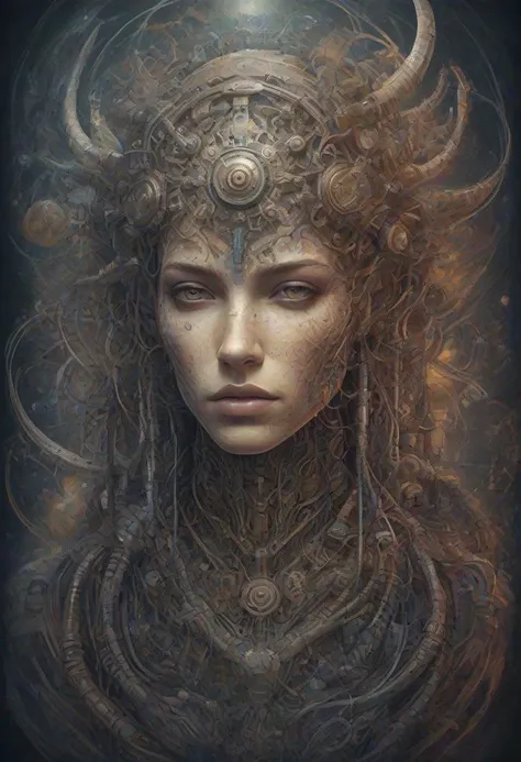 Psychedelic style biomechanical style gene-spliced hybrid, being resulting from genetic manipulation, exhibiting a mix of species traits, person, cowboy shot, . blend of organic and mechanical elements, futuristic, cybernetic, detailed, intricate, . Vibrant colors, swirling patterns, abstract forms, surreal, trippy
