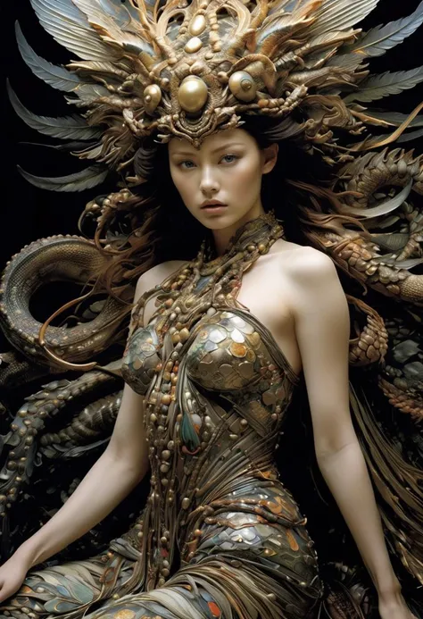 Photo of TWbabeXL01, NSFW, professional photograph of a beautiful Goddess and otherworldly monstrous creature by YOSHITAKA AMANO, Yoji Shinkawa and Amy Judd and edward weston , bold lines, hyper detailed, dark limited palette, dramatic lighting, (intricate details, masterpiece, best quality:1.4), <lora:TWbabeXL01:0.5>