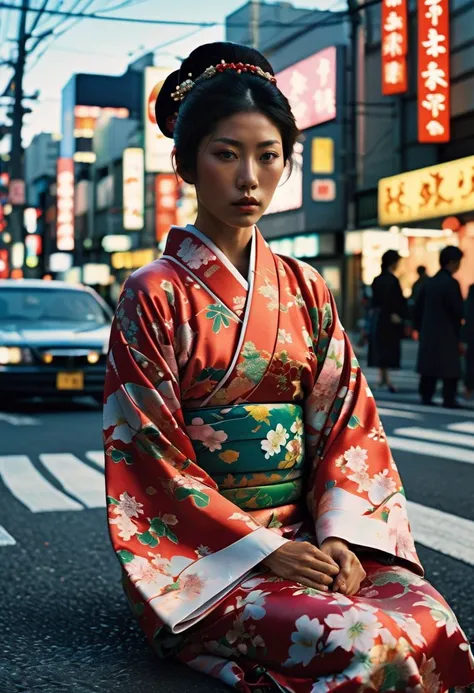 TWbabeXL01, NSFW, photography in the style of detailed hyperrealism,cinematic composition,sky,dof,perfectly focused, Peter Doig,Nan Goldin,fantasy, creature in a kimono sits in the middle of the street,Tokyo,close up, hyper detailed,intricate,poster,artstation, <lora:TWbabeXL01:0.5>