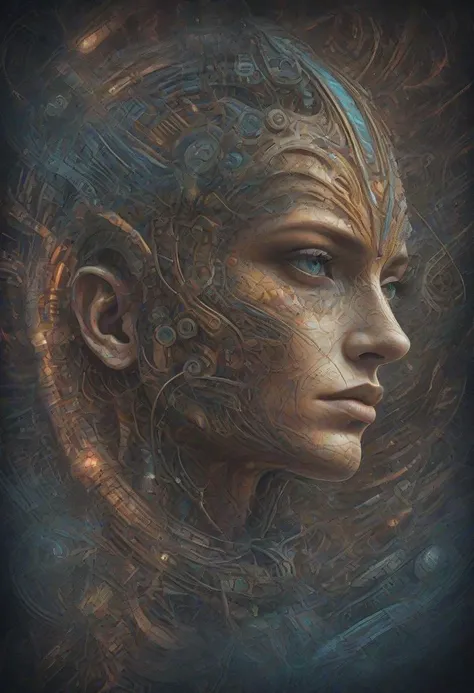 Psychedelic style biomechanical style gene-spliced hybrid, being resulting from genetic manipulation, exhibiting a mix of species traits, person, cowboy shot, . blend of organic and mechanical elements, futuristic, cybernetic, detailed, intricate, . Vibrant colors, swirling patterns, abstract forms, surreal, trippy
