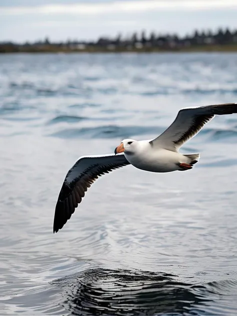 A bird flying over the water, an albatross, realistic, nature, animal,