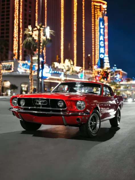 Photo of a classic red mustang car parked in las vegas strip at night