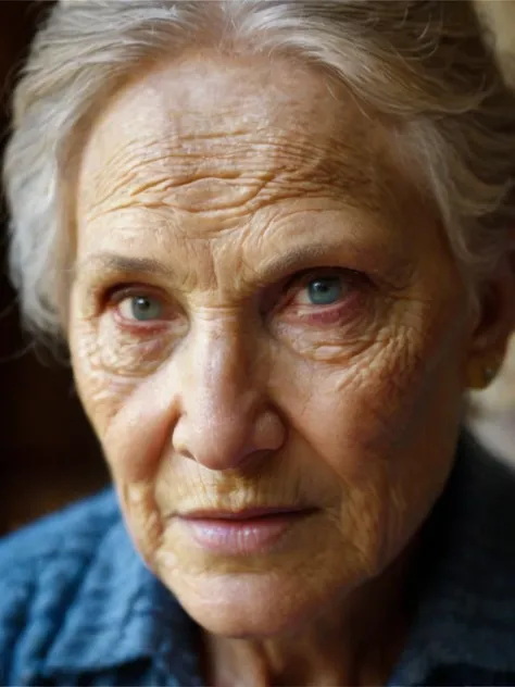 A close-up portrait of an elderly person's face, capturing the depth of their life's experiences through the map of wrinkles and the stories told by their eyes, lit by natural, soft light.