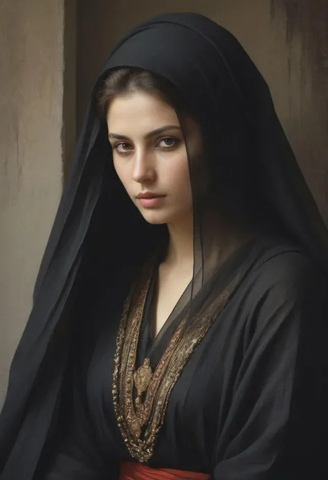 (Soft Lighting Photography by Mimoza Veliu and Mario Giacomelli:1.2), NSFW, Ancient Arabian costume, beautiful girl, side soft light, Dark environment, black over black, highly detailed, masterful painting in the style of Anders Zorn and Aleksi Briclot, oil on canvas
