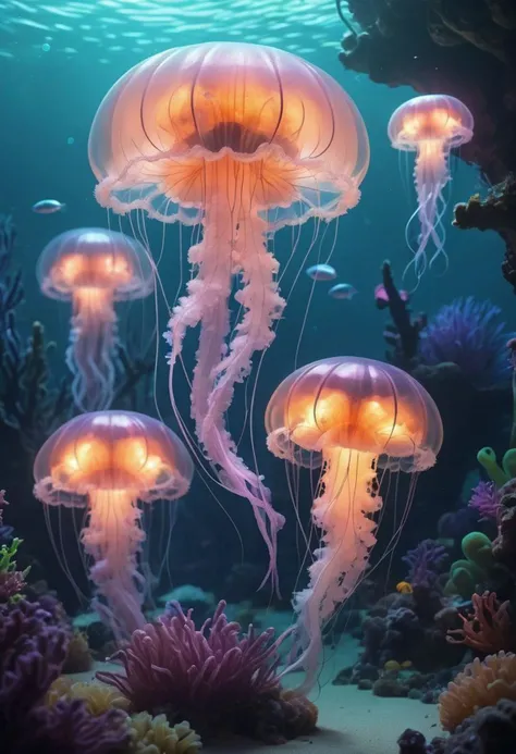 cute cuddly fluffy jellyfish, (underwater:1.2),
fluorescent plants, (air bubbles:1.1),
translucent, cyborg,
futuristic, biodome,
neon light, cyberpunk, crepuscular rays,