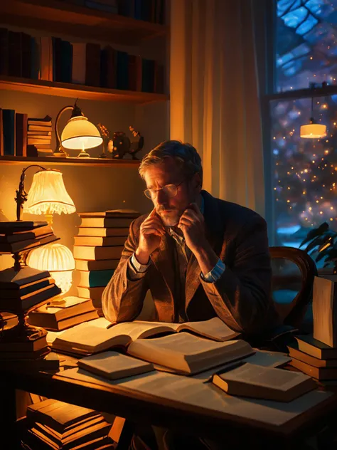 A reflective portrait of a writer in their study, surrounded by piles of books and manuscripts, the soft glow of a desk lamp illuminating their thoughtful expression as they seek inspiration.