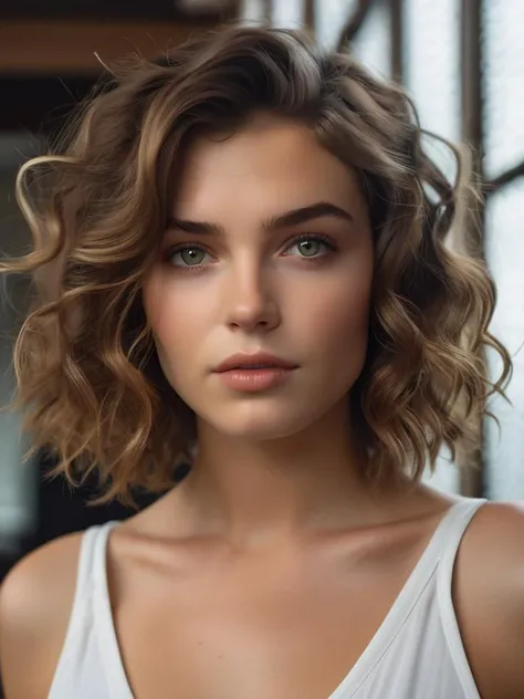 ((ultra detailed, masterpiece, best quality)), beautiful girls:0.5, girl, solo, classic bob with tight tousled curls perfectly placed haircut, green eyes, brown hair, portrait, standing straight