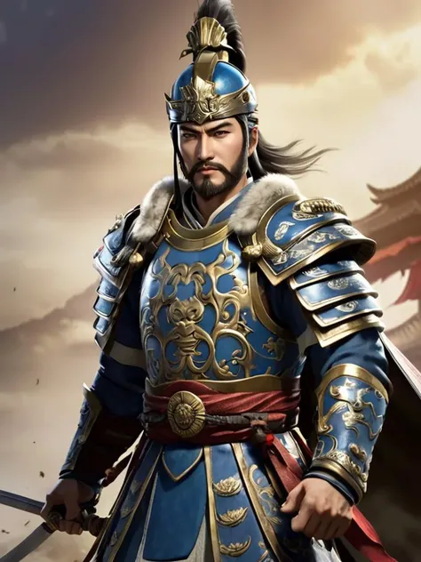 Zhao Yun who was a military general who lived during the late Eastern Han dynasty and early Three Kingdoms period of China, KOEI game company characters , got a beard and wearing a war helmet