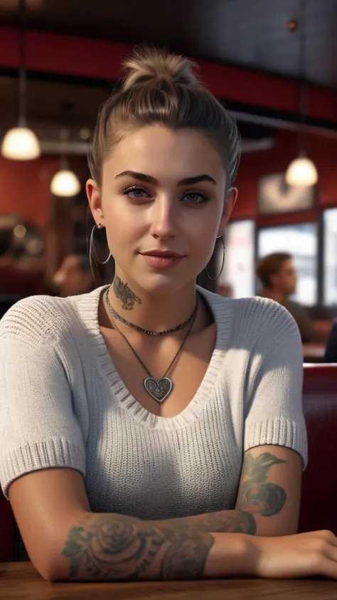 8k,Best quality,masterpiece,(photorealistic:1.2),sit on chair,cropped knit,Sweatpants,beautiful face,looking at viewer,a Turkish young girl in restaurant,half_smile,Ponytail,massive tits,heart tatoo on neck,earring,cute necklace,