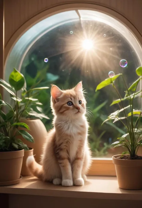 cute cuddly fluffy kitten, very small kitten, (small cardboard house:1.2),
fluorescent plants, (air bubbles:1.1),
translucent, nature,
Very aesthetic, dome of dreams,
neon light, crepuscular rays,