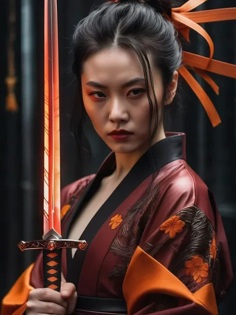 the swords of the crystal, in the style of neo-traditional japanese, close-up intensity, urban and edgy, xiaofei yue, dark crimson and orange, full body,
