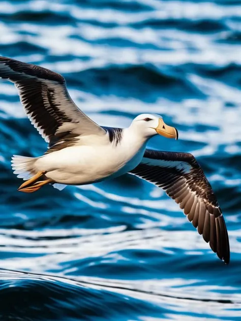 A bird flying over the water, an albatross, realistic, nature, animal,