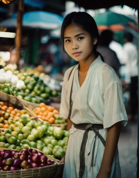 40 years old cute Indonesian women, pink transparant nightgown, showing pussy , summer , market , sunset