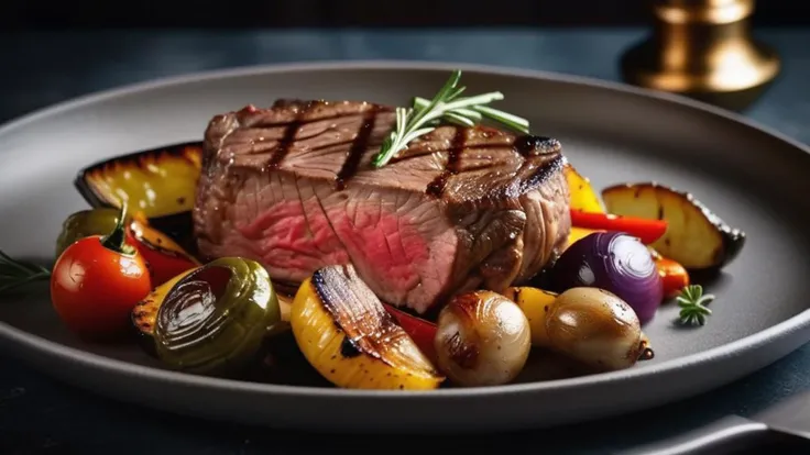 Food photography, grilled beef, grilled vegetables, in a luxurious Michelin kitchen style, studio lighting, depth of field, ultra detailed
