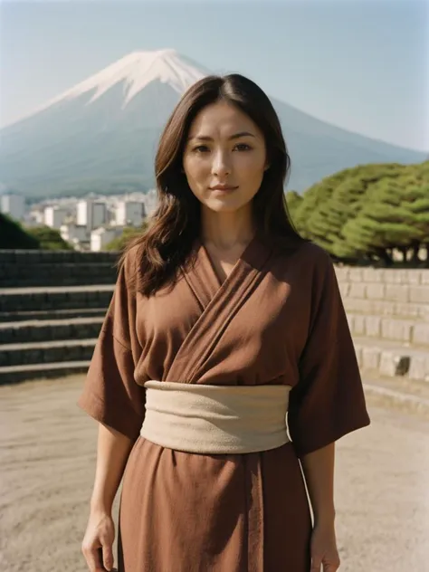 best quality, waist-up woman skin espresso color wearing tunic  stand in japan, kobe, A vast archaeological site located in the south region of Italy that was buried by meters of ash and pumice after a catastrophic eruption, shot on RED camera  135mm f1.8 len, realistic