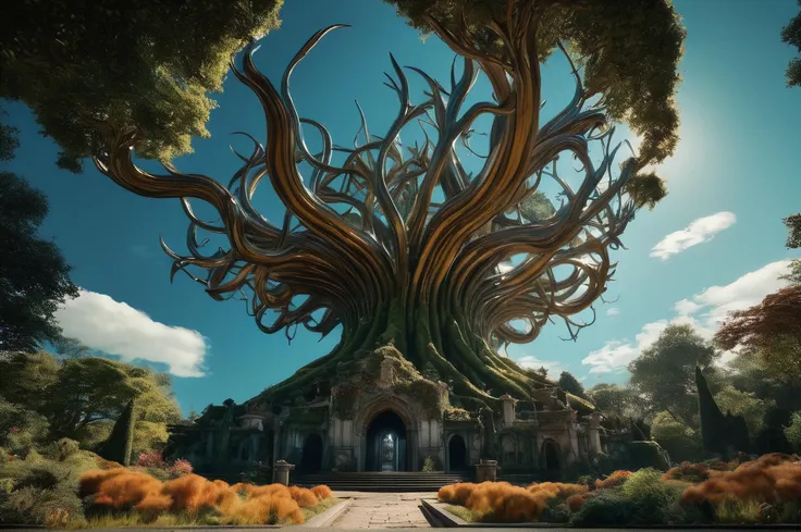 long shot scenic professional photograph style| Pan's Labyrinth| faune| horror| vibrant| sharp focus| massive scale| highly detailed| unreal engine| 8k uhd| raytracing| by Guillermo del Toro,by Marianne Breslauer, perfect viewpoint, highly detailed, wide-angle lens, hyper realistic, with dramatic sky, polarizing filter, natural lighting, vivid colors, everything in sharp focus, HDR, UHD, 64K