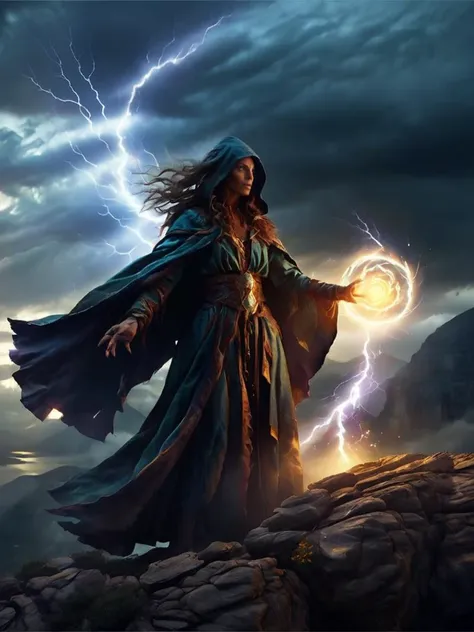 A portrait of a powerful sorceress summoning elemental magic in her palm, with her eyes glowing and her cloak billowing around her, standing atop a cliff with a storm brewing in the background.