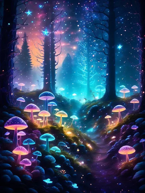 An enchanted forest at twilight, where the trees glow with bioluminescent flowers and mystical creatures peek from behind the foliage, under a sky twinkling with magical constellations.