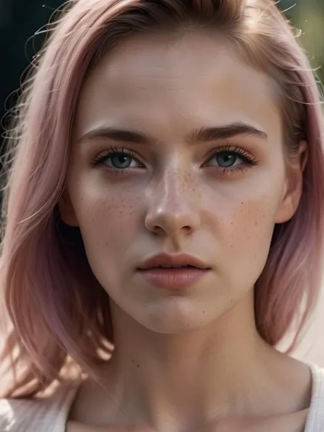 (RAW photo) night scene, close-up photo of a sexy girl, posing, looking at the viewer, smiling, pink hair in a ponytail, (green eyes: 0.8), handsome young face, 18 yo, soft volumetric lights, soft key and fill lighting, (backlit: 1.3), (cinematic: 1.3), intricate details, (ArtStation: 1.2), skin spots, (freckles: 0.9), detailed eyes, micro details, FUJI XT3, photorealistic, photorealism