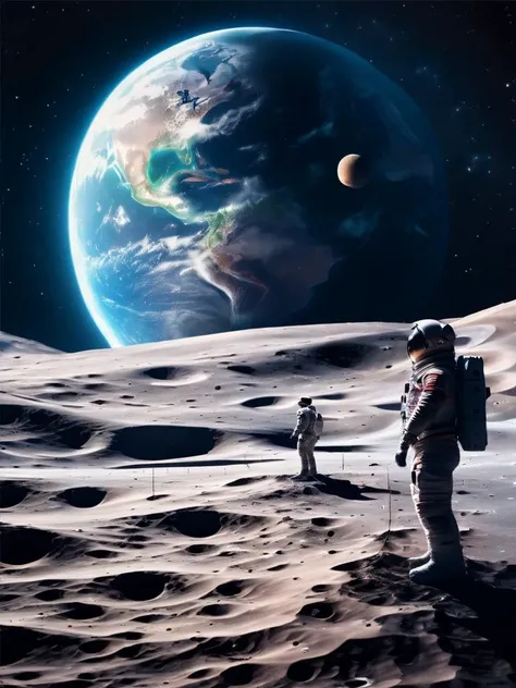 A somber portrait of an astronaut paying respects at a memorial for fallen astronauts on the moon, their silhouette standing against the stark lunar landscape, with Earth in the sky above.