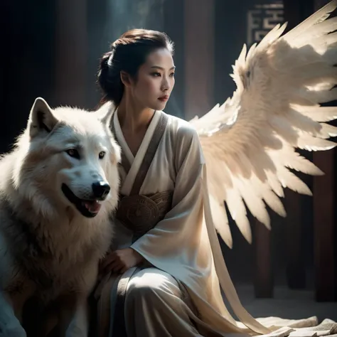beautiful ancient chinese woman, interstitial, 1girl, wings, dire wolf, soft light, neutral colour, side light