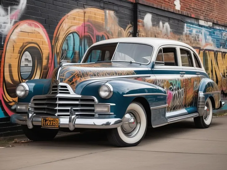 a realistic vintage car adorned with an intricate, graffiti-style mural, full wide view, highly detailed, 8