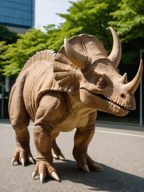 best quality, casual Titanoceratops dinosaur in japan, nagoya, shot on Lumix GH5  85mm f1.1 len