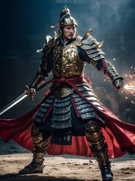 Linglong, dressed in magnificent armor and armed with six swords, fought fiercely with the enemy, light track photography, perspective drawing, 16k, hyper quality