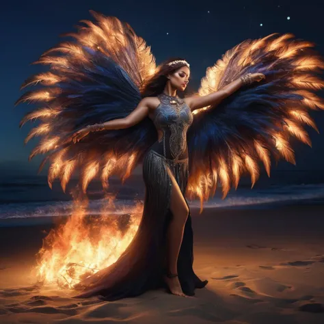 dancer with feathers and jewelry at night on the beach by the fire in the style of magali villeneuve, eve ventrue, anna dittmann, realistic depiction of light, luminous pointillism, daz3d, the stars art group (xing xing), sultan mohammed, burned/charred