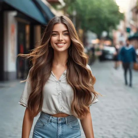 girl walking on street, long hair,gradient hair, trending fashion, masterpiece, realistic, best quality, 8k, look at viewer, detail eyes, detail face, (detail skin),(( pores: 1.3 )), (freckles:0.6), acne, smile, teeth