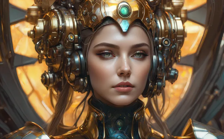hyperrealistic solarpunk photography portrait of a female android, intricate, elegant, highly detailed, digital painting, artstation, concept art, smooth, sharp focus, illustration, art by artgerm and greg rutkowski and alphonse mucha and william - adolphe bouguereau