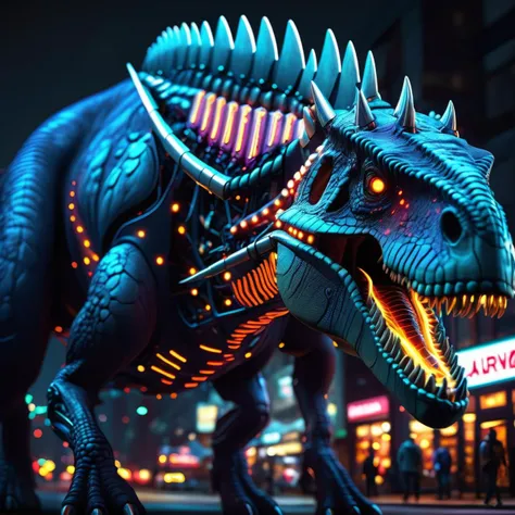 tilt shift photo of a massive cyberpunk t-rex walking through a city at night, flood lights , view from above, overhead view, cyberpunk city, detailed, realistic, photorealistic, volumetric lighting, cinematic
