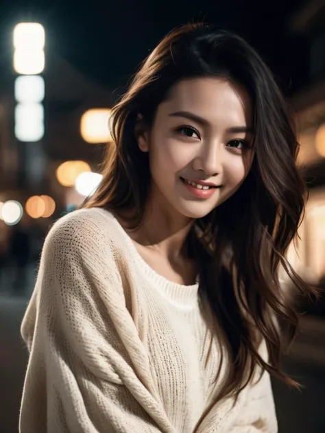 Best quality, high detail, ultra high resolution, true skin texture, original photo, highly realistic, night, dark shadow, low profile, cold light, an oriental girl, exquisite facial features, smile, white teeth, thin chain decoration, light color sweater, bust, breast beauty, hot figure, long and long hair, fluffy big wavy hairstyle, a lot of hair covering the chest, long legs, side, look at the camera. Full-body lens, depth of field, panoramic view