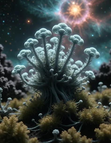 Hyperrealistic Microscopic-Focus, Vivid nebulas Cladonia pyxidata, celestial fiber Tranquil haven, Radiant energy quantum teleportation