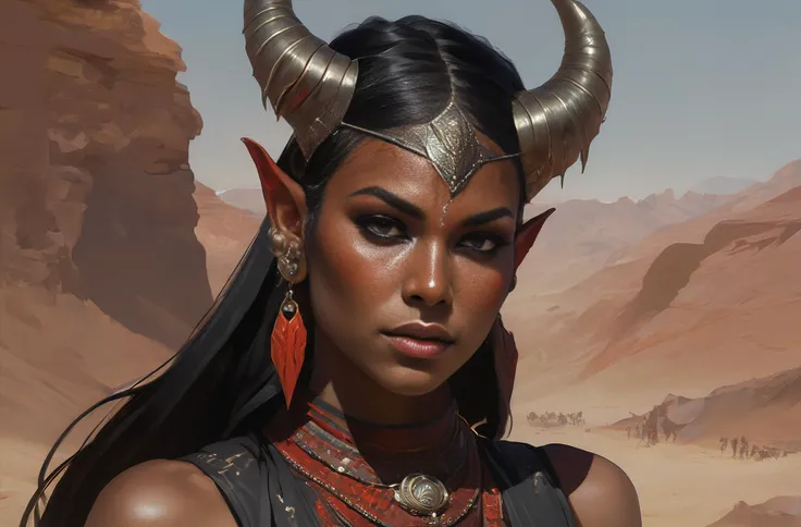 portrait of a female berber tiefling, red skin, devil horns, black hair, ponytail, steel chestplate, in a desert, fantasy, intricate, elegant, highly detailed, digital painting, artstation, concept art, character art, smooth, sharp focus, illustration, art by greg rutkowski and alphonse mucha