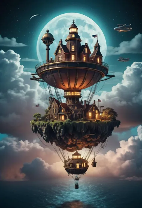 steampunk, photo of a floating island attached to an airship, windmill, lighthouse,
aircraft turbines attached to bottom of island,
above the clouds,
night, neon lights, moon, stars,
futuristic,
