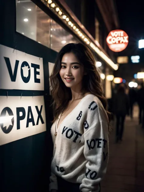 Best quality, high detail, ultra high resolution, true skin texture, original photo, highly realistic, night, dark shadow, low profile, cold light, an oriental girl, with a sign that says (vote copax:1.9), exquisite facial features, smile, white teeth, thin chain decoration, light color sweater, bust, breast beauty, hot figure, long and long hair, fluffy big wavy hairstyle, a lot of hair covering the chest, long legs, side, look at the camera. Full-body lens, depth of field, panoramic view.
