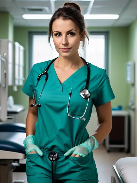 Pretty Bulgarian doctor in hospital, 29 years old, ponytail, dark hair, light green shirt , tight pants, hospital clothing, stethoscope, gloves, fit, huge breasts, big ass, full body shot, teasing, looking into camera, front view, waiting in examination room