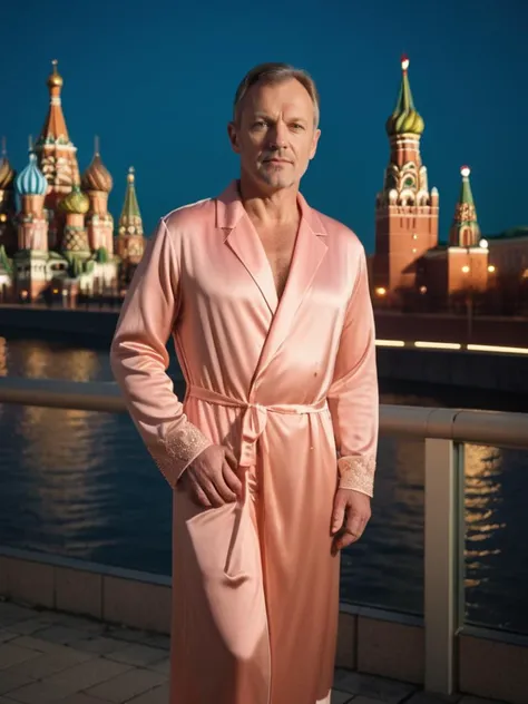 best quality, fashion middle-aged man skin salmon color wearing night gown stand in russia, moscow, A place with a lot of glass details in silver and gold, shot on Sony A7III 14mm f1.8 len, realistic