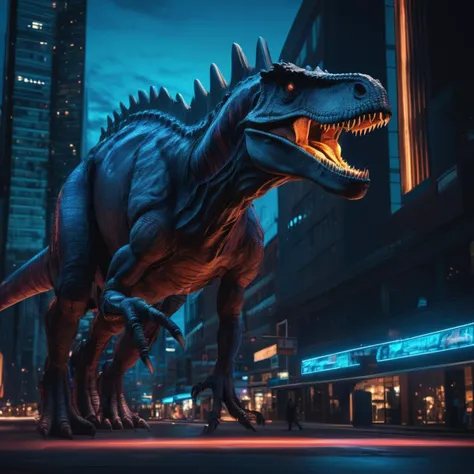mechanical tyrant dinosaur in the city, glowing blue eyes, neon lights, ultra-realistic, best quality, 8k