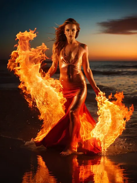 beautiful woman, water and fire
