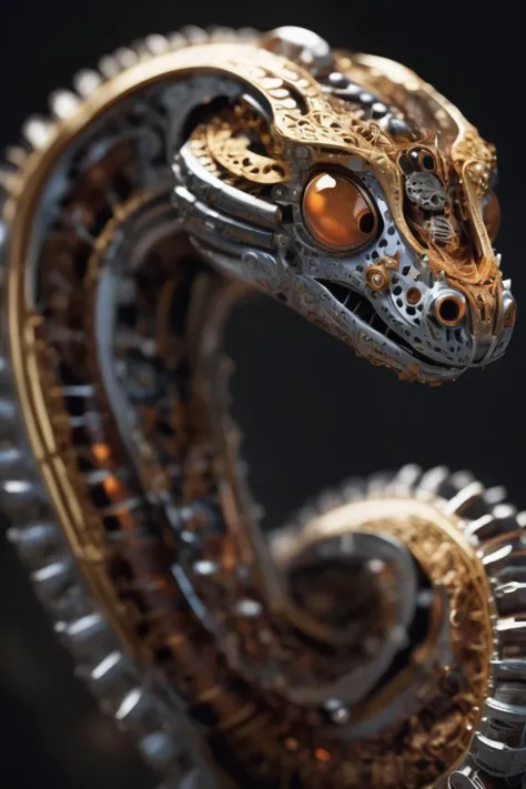 concept art, character focus, (((((The metal creature is a mesmerizing blend of intricate gears, cogs, and metallic components, intricately assembled into the form of a majestic (Corn Snake)), (Its body is an amalgamation of copper plates, brass gears, and steel rods, creating a striking steampunk aesthetic), (The metallic beast is crafted from a mix of brass, copper, and steel, each piece meticulously fitted together), (Various small mechanical parts, such as screws, nuts, and bolts, are ingeniously incorporated into its design, giving it a mesmerizing, industrial appearance ))), Natural Lighting, Volumetric Lighting, Volumetric Light, Volumetric, Rim Lights, Rim Lighting, Rim Light, Edge Lighting, super resolution, ultra hd, megapixel, (8k resolution), 8k, 8kres, 8k res, absurdres, high resolution, high details, detailed and intricate, intricate details, high intricate details, absurd amount of details, Shallow Focus)), Natural Lighting, Volumetric Lighting, Volumetric Light, Volumetric, Rim Lights, Rim Lighting, Rim Light, Edge Lighting, super resolution, ultra hd, megapixel, (8k resolution), 8k, 8kres, 8k res, absurdres, high resolution, high details, detailed and intricate, intricate details, high intricate details, absurd amount of details, Establishing Shot, Deep Focus, Hip Level Shot,