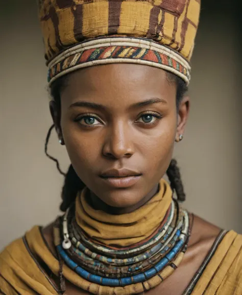 Photography in (stvmccrr style), a young Tutsi woman with striking blue eyes, cultural portrait, emotive humane photography, rich colors, analog film, film grain, kodachrome, intricate details, insanely detailed, natural lighting, 8k, hdr, masterpiece, award winning photography, Fine art photography style, film photography style