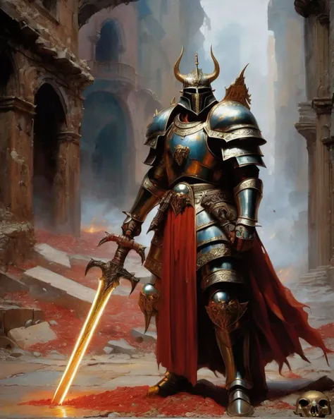 a male chaos warrior of khorne in armor is holding a great sword in a ruined post-apocalyptic city, sci-fi, fantasy, horror, skulls on the ground, blood, Storm, , (James Ensor,Unica Zurn,Zdzislaw Beksinki:1.25), Skeletons,Weeping statues, Paranormal,Apparition, (Metallics:1.1), (Shape:1.1), (Monotyping:1.1), (Strobe light:1.2), Stone, Rhombus, ultra detailed, intricate, oil on canvas, dry brush,